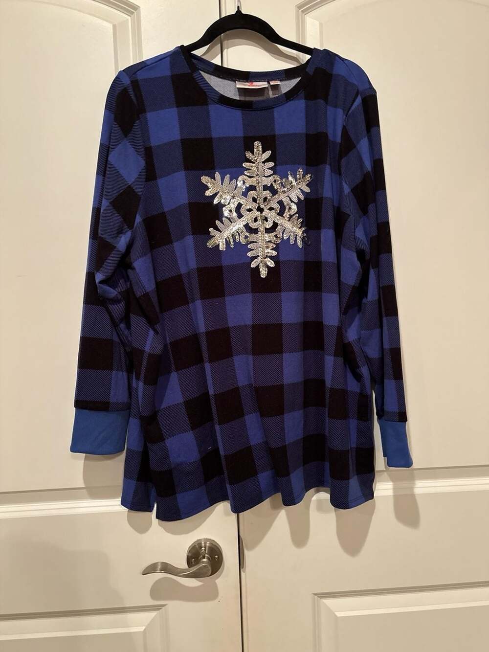 Quacker Factory Buffalo Plaid Snowflake Tunic Size 1X Blue Black Sequin